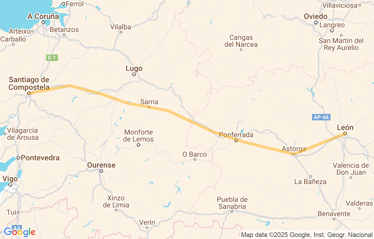 Itinerary of the Roncesvalles to Burgos tour on Google Maps