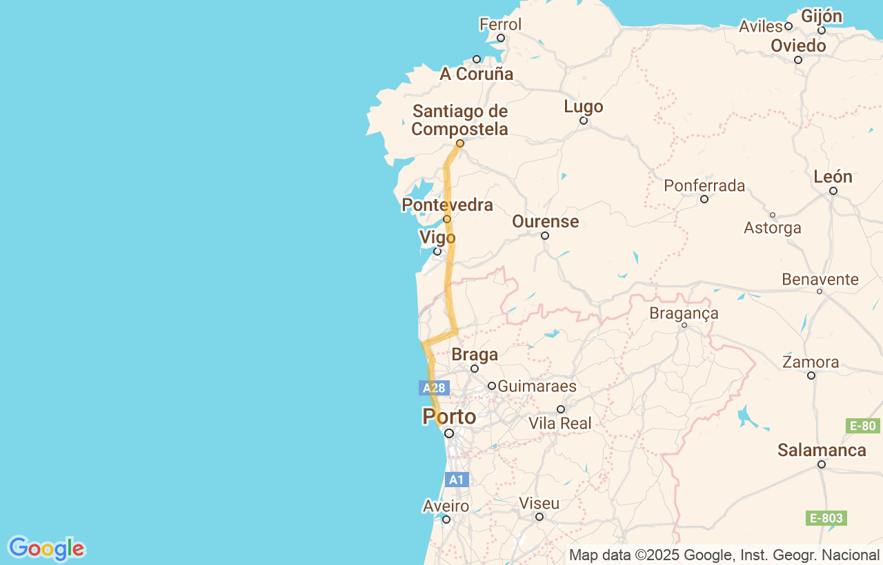 Itinerary of the Porto to Santiago tour on Google Maps