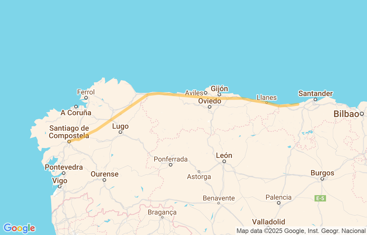 Itinerary of the Santander to Santiago tour on Google Maps